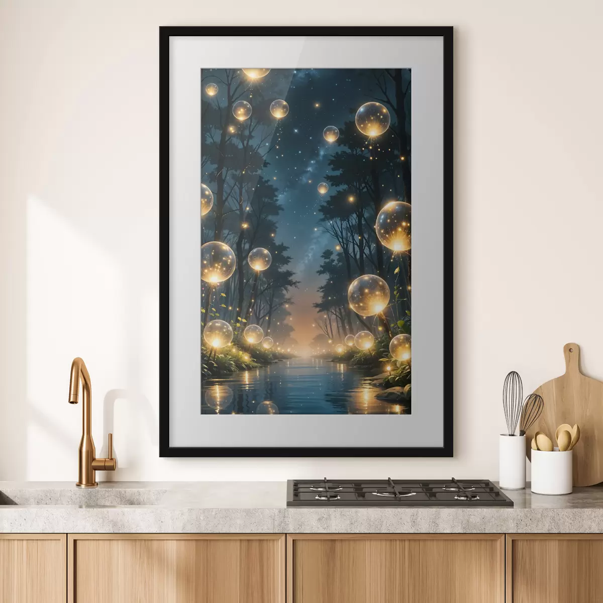 Poster Ein magischer Wald bei Nacht mit gelben Kugeln und Glühwürmchen, die zwischen den Bäumen schweben und eine skurrile Atmosphäre schaffen f41259