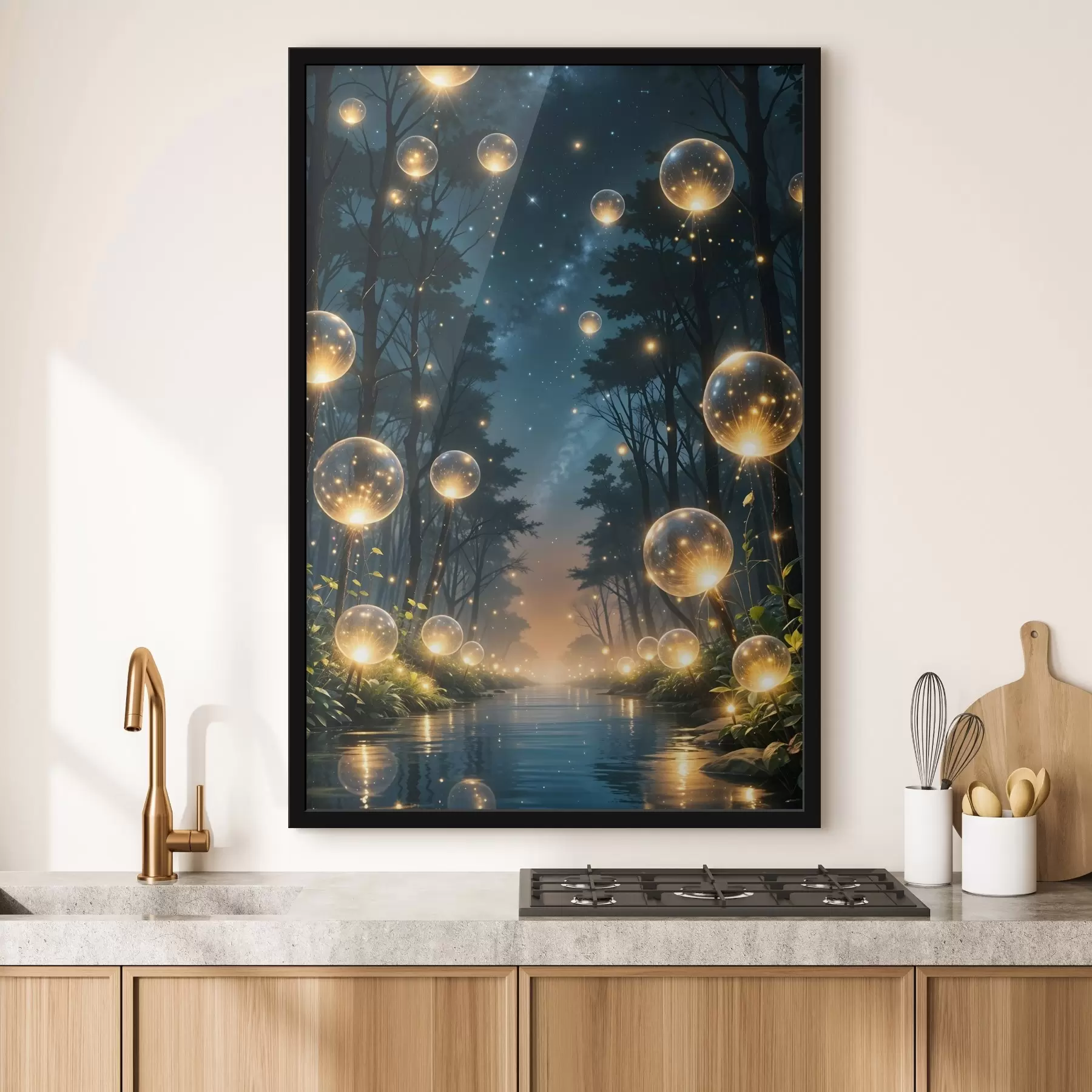 Fototapete Ein magischer Wald bei Nacht mit gelben Kugeln und Glühwürmchen, die zwischen den Bäumen schweben und eine skurrile Atmosphäre schaffen f41259