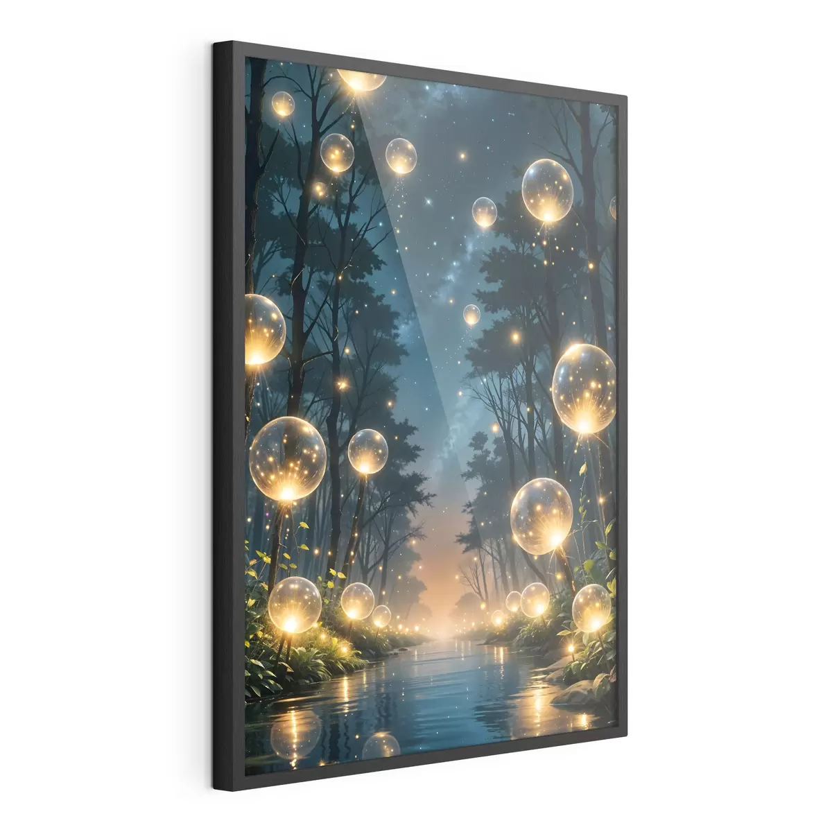 Poster Ein magischer Wald bei Nacht mit gelben Kugeln und Glühwürmchen, die zwischen den Bäumen schweben und eine skurrile Atmosphäre schaffen f41259