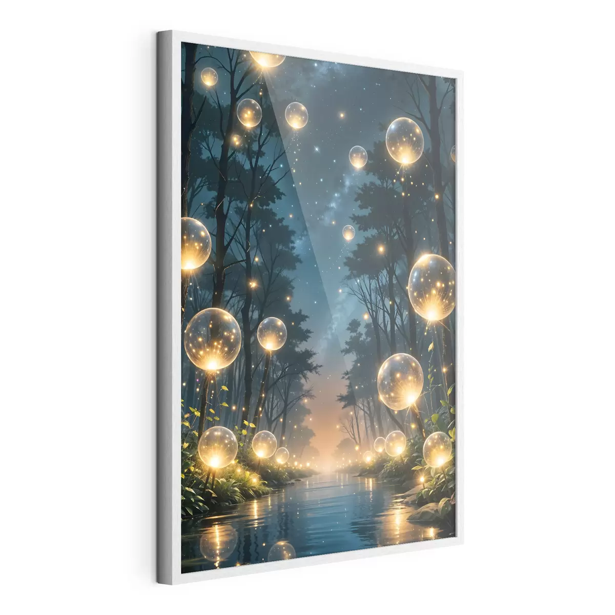 Poster Ein magischer Wald bei Nacht mit gelben Kugeln und Glühwürmchen, die zwischen den Bäumen schweben und eine skurrile Atmosphäre schaffen f41259