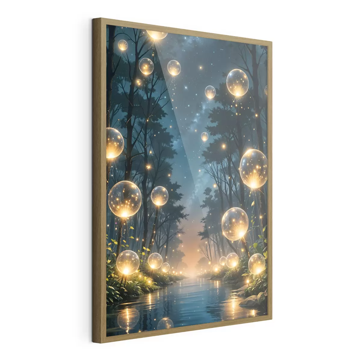 Poster Ein magischer Wald bei Nacht mit gelben Kugeln und Glühwürmchen, die zwischen den Bäumen schweben und eine skurrile Atmosphäre schaffen f41259