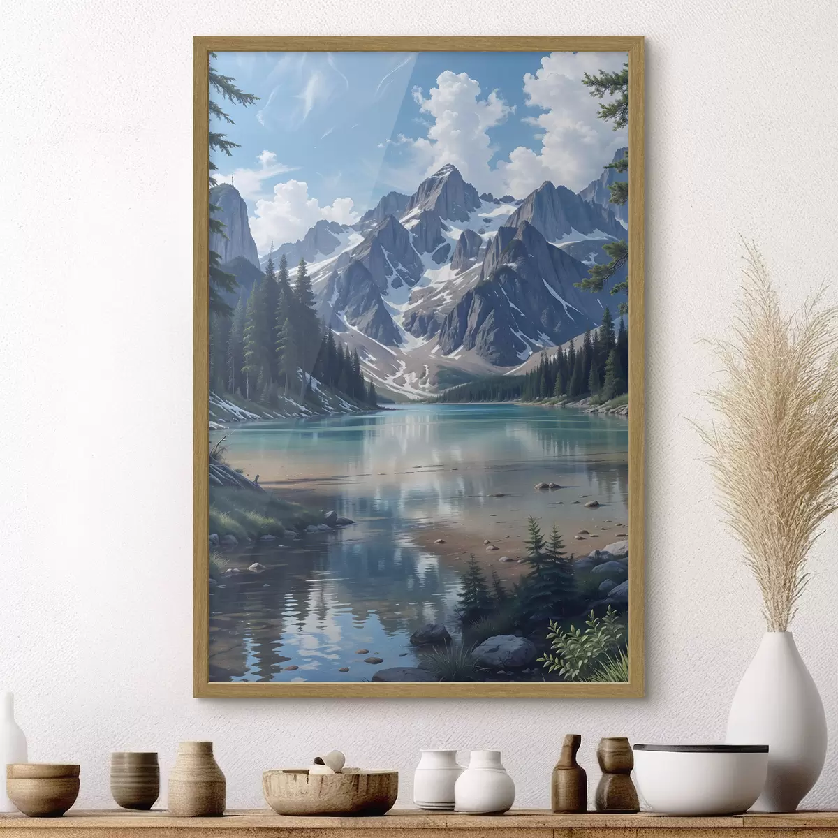 Poster Ein ruhiger Alpensee, umgeben von majestätischen schneebedeckten Bergen, mit einem dichten Wald und einem bewölkten Himmel f41264