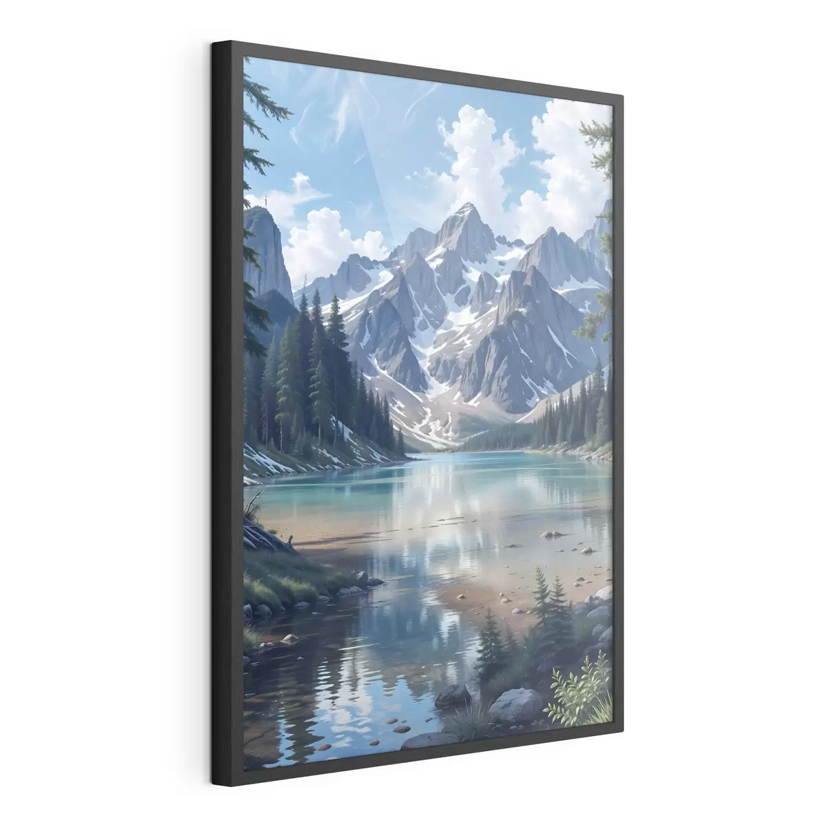 Poster Ein ruhiger Alpensee, umgeben von majestätischen schneebedeckten Bergen, mit einem dichten Wald und einem bewölkten Himmel f41264