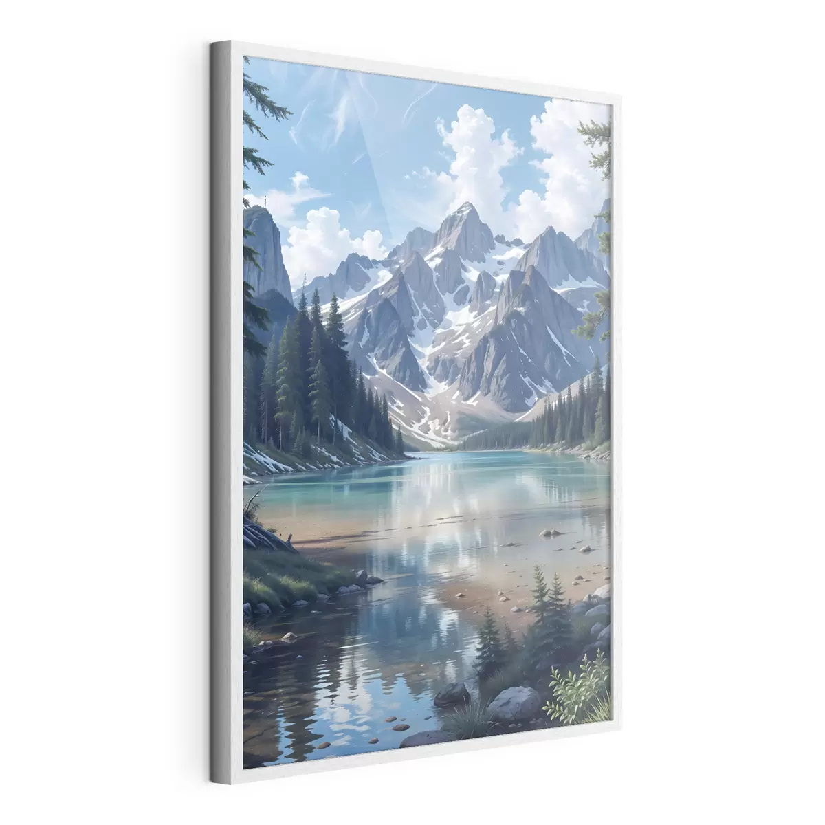 Poster Ein ruhiger Alpensee, umgeben von majestätischen schneebedeckten Bergen, mit einem dichten Wald und einem bewölkten Himmel f41264