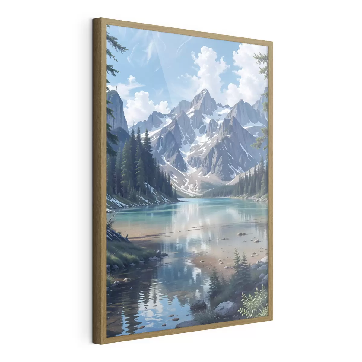 Poster Ein ruhiger Alpensee, umgeben von majestätischen schneebedeckten Bergen, mit einem dichten Wald und einem bewölkten Himmel f41264