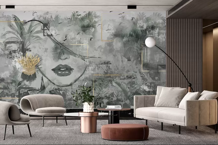 Fototapete Grunge Regenwald und Mädchen Gesicht Silhouette w01916