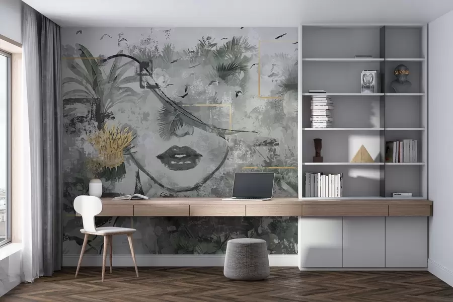 Fototapete Grunge-Regenwald und Silhouette eines Mädchengesichts w01916d1