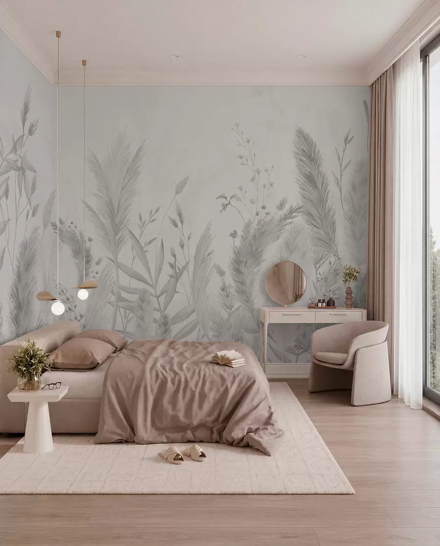 Fototapete Hohe Feldgräser und Blumen in neutralen Farben w02004