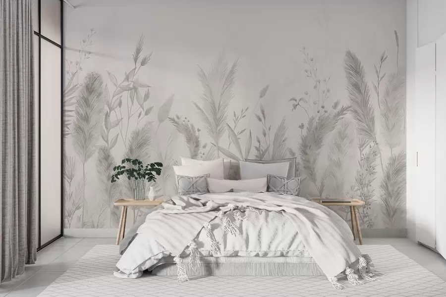 Fototapete Hohe Feldgräser und Blumen in neutralen Farben w02004