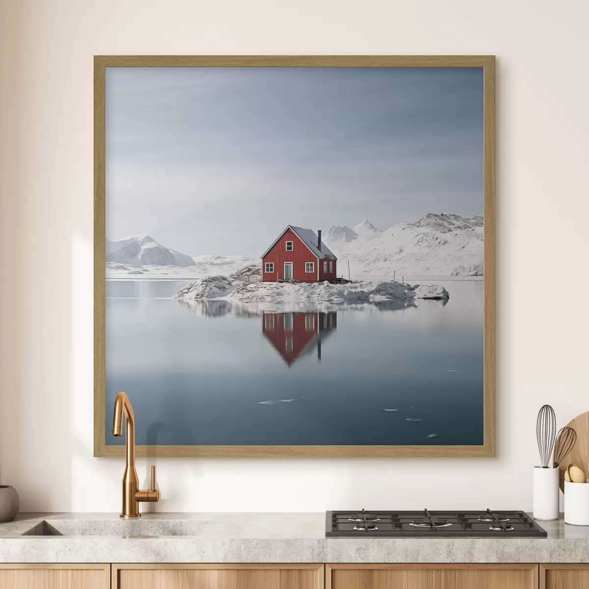 Poster Minimalistische Winterlandschaft rotes Haus am See f41437