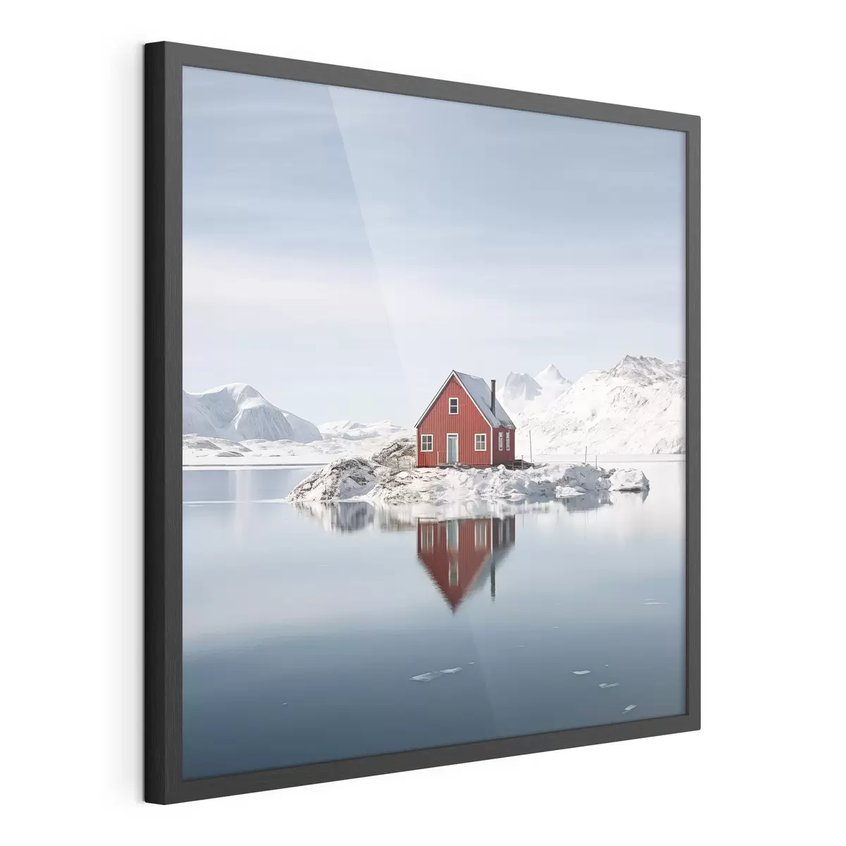Poster Minimalistische Winterlandschaft rotes Haus am See f41437