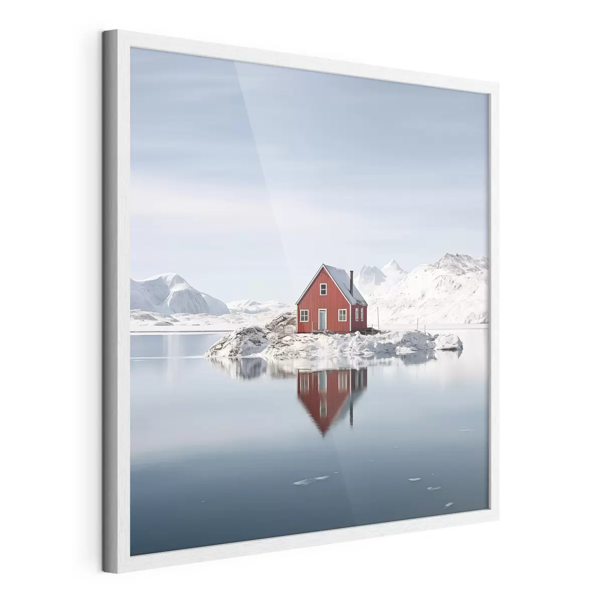 Poster Minimalistische Winterlandschaft rotes Haus am See f41437