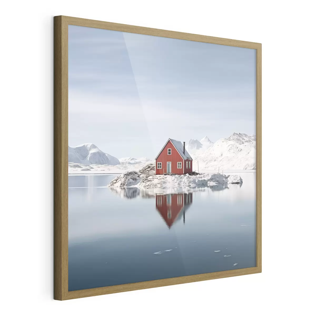 Poster Minimalistische Winterlandschaft rotes Haus am See f41437