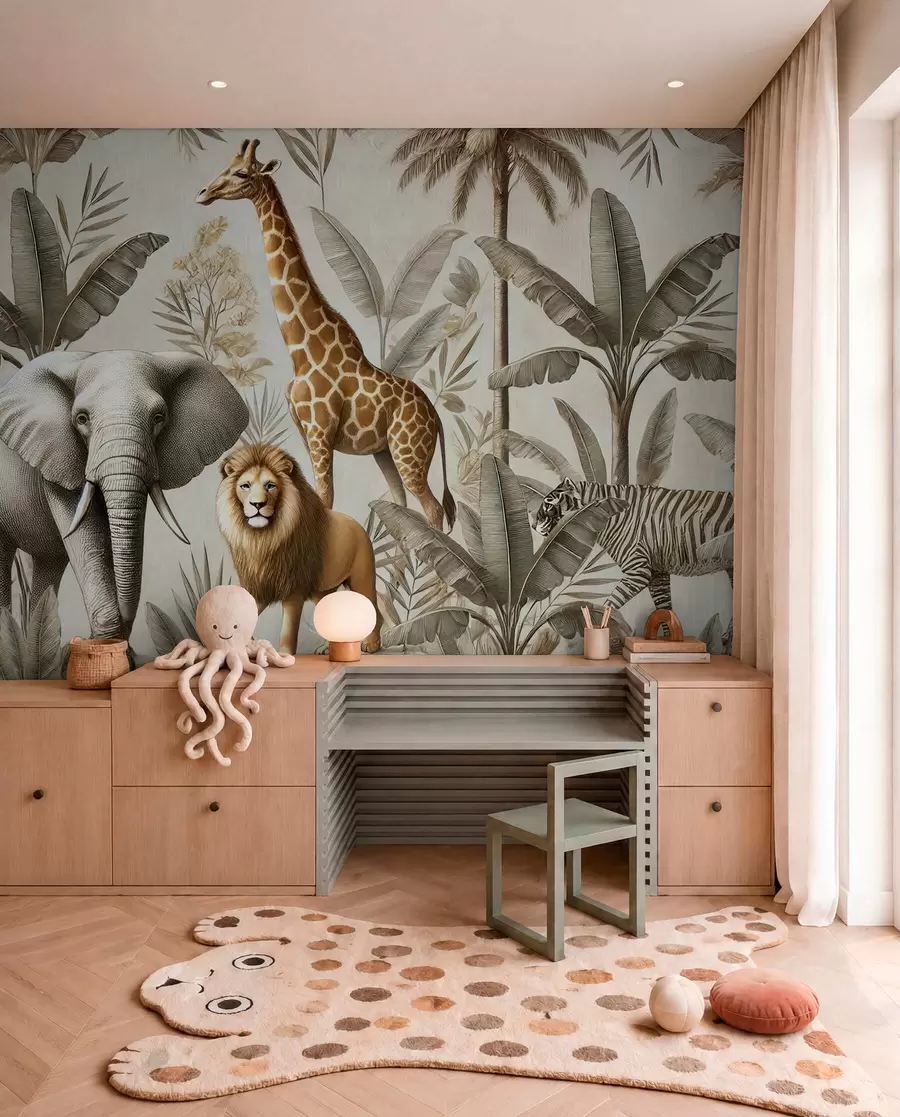 Fototapete Safari Kindertapete mit tropischer Landschaft und verschiedenen Tieren in eleganten Farben w01956