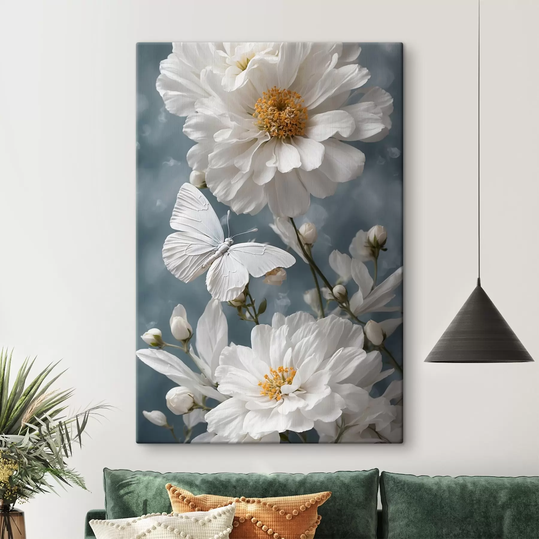 Fototapete Weiße Blumen und Schmetterling auf unscharfem Hintergrund s41312