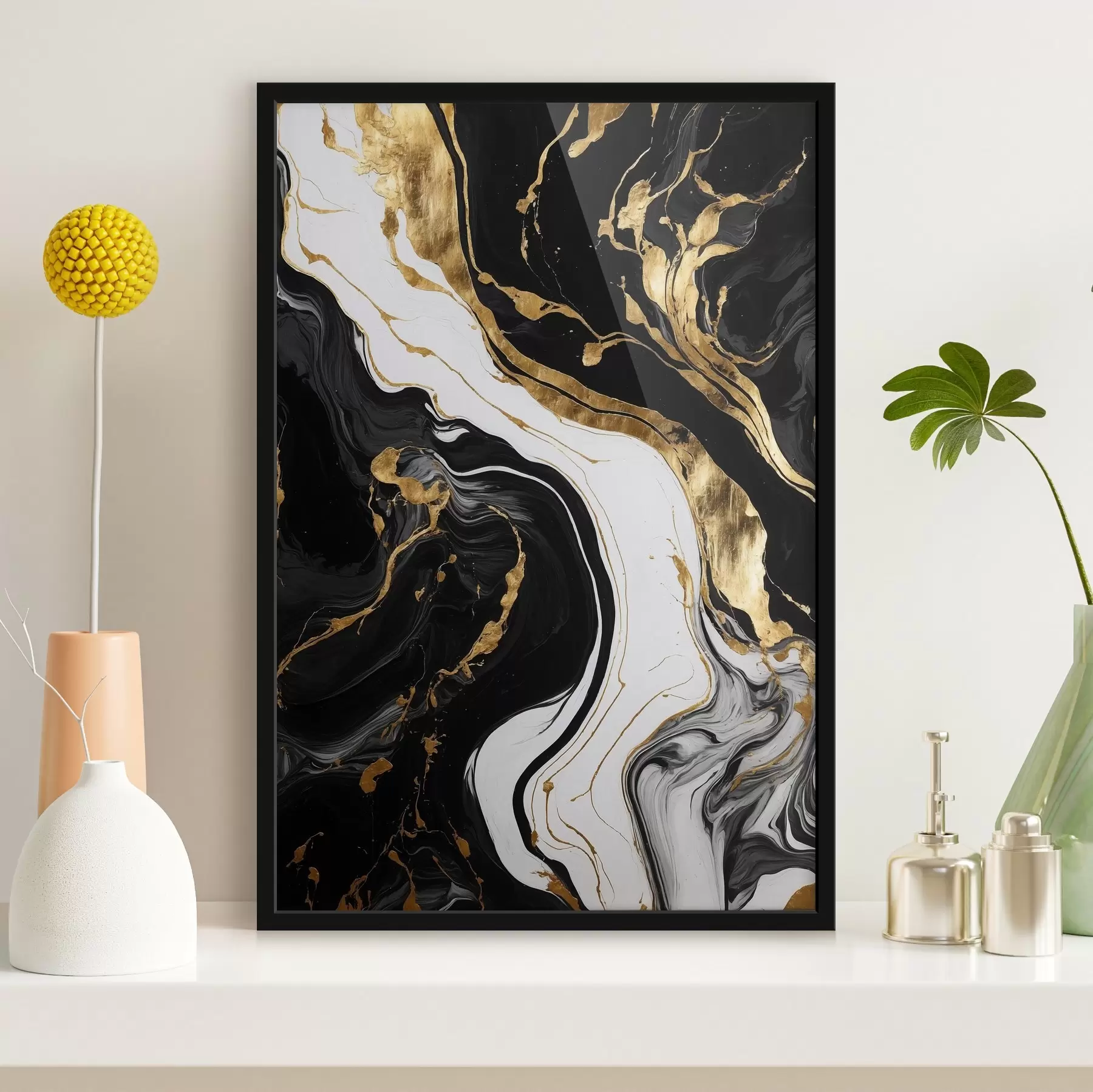 Fototapete Schwarz-weißes abstraktes Gemälde mit gelben Flecken f41292