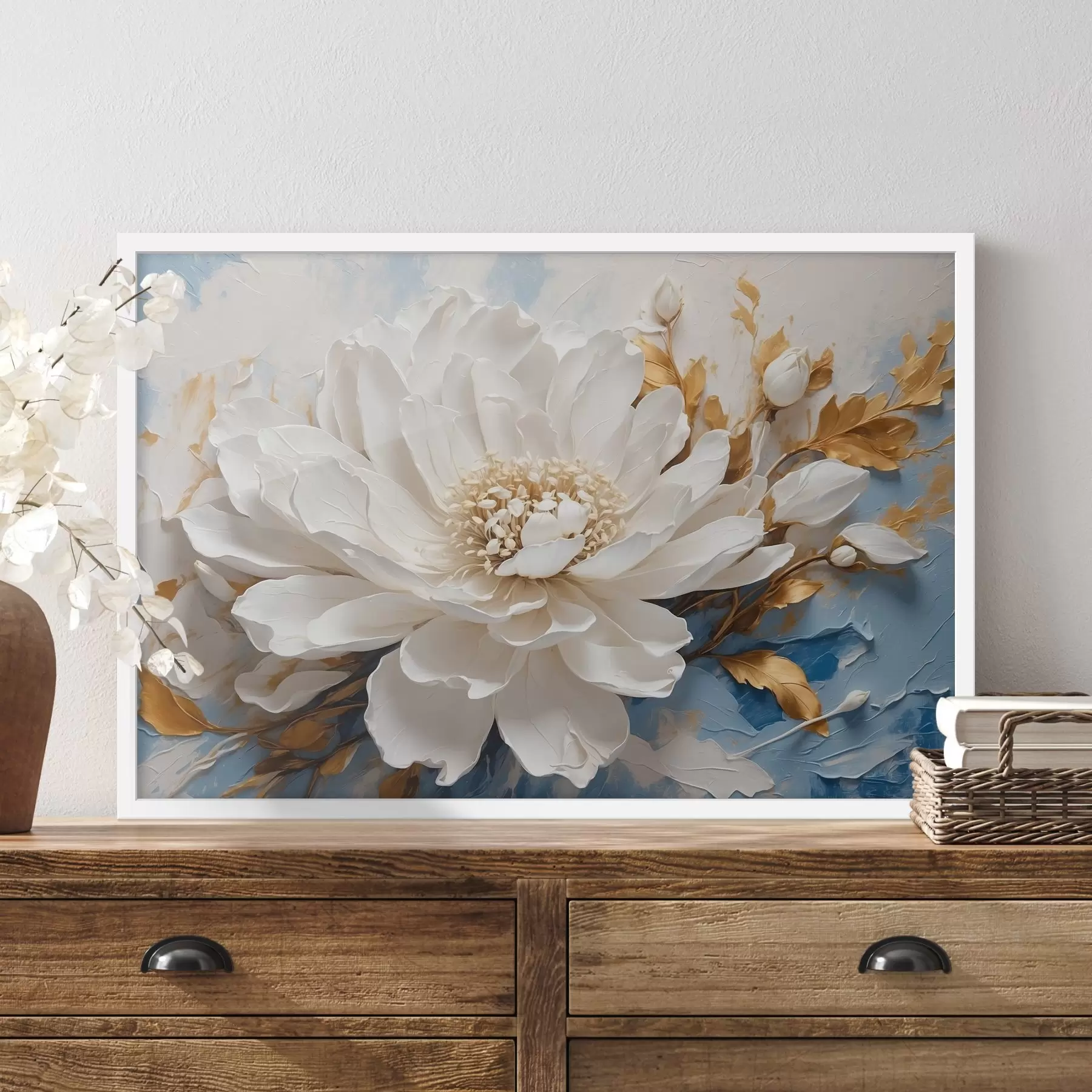 Fototapete Weiße Blume auf blau-weißem Hintergrund f41311