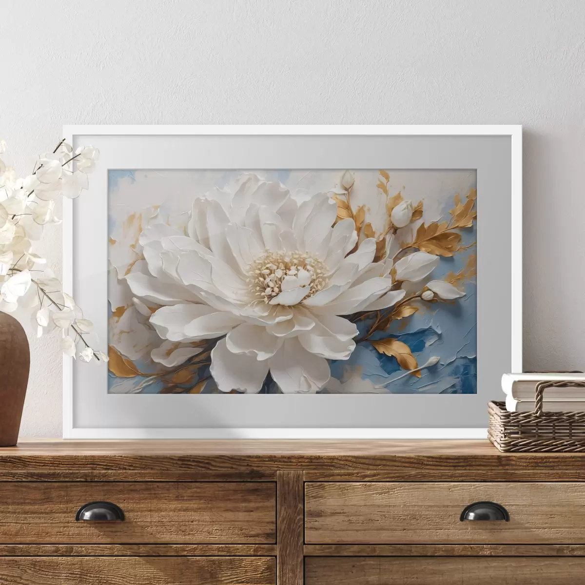 Poster Weiße Blume auf blau-weißem Hintergrund f41311