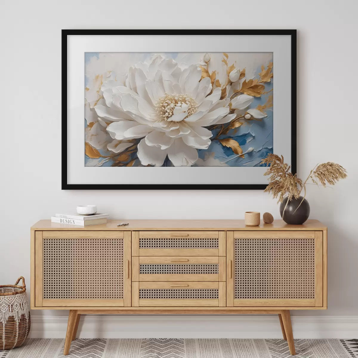 Poster Weiße Blume auf blau-weißem Hintergrund f41311