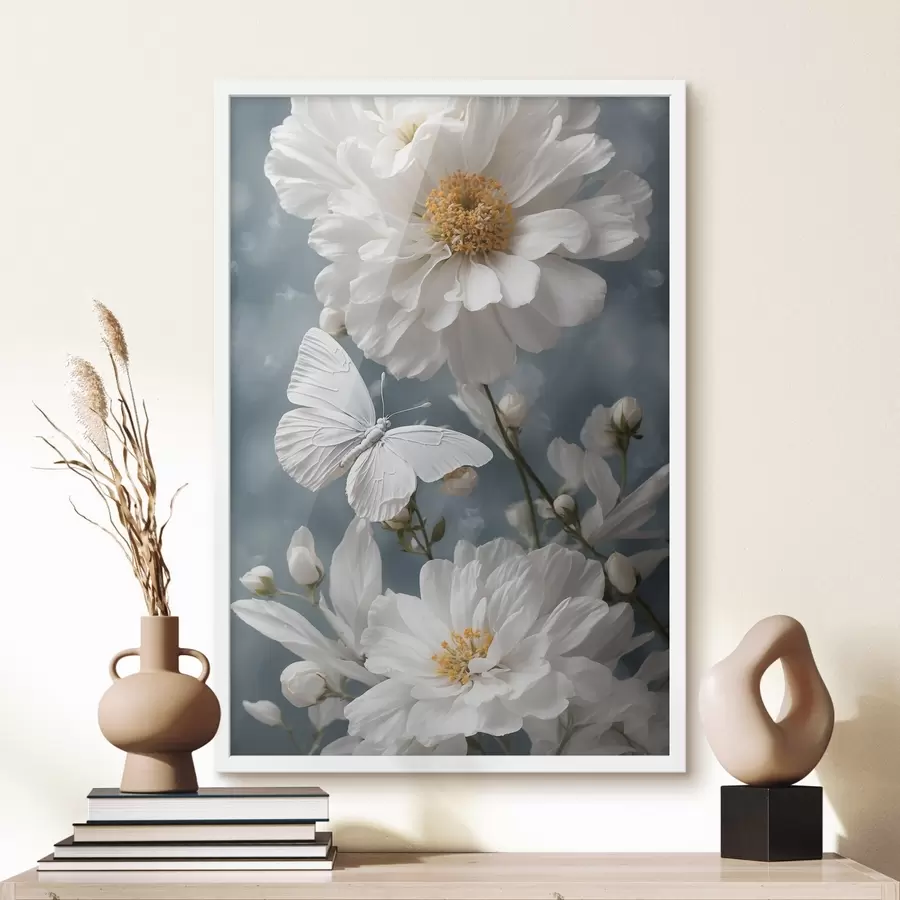 Fototapete Weiße Blumen und Schmetterling auf unscharfem Hintergrund f41312