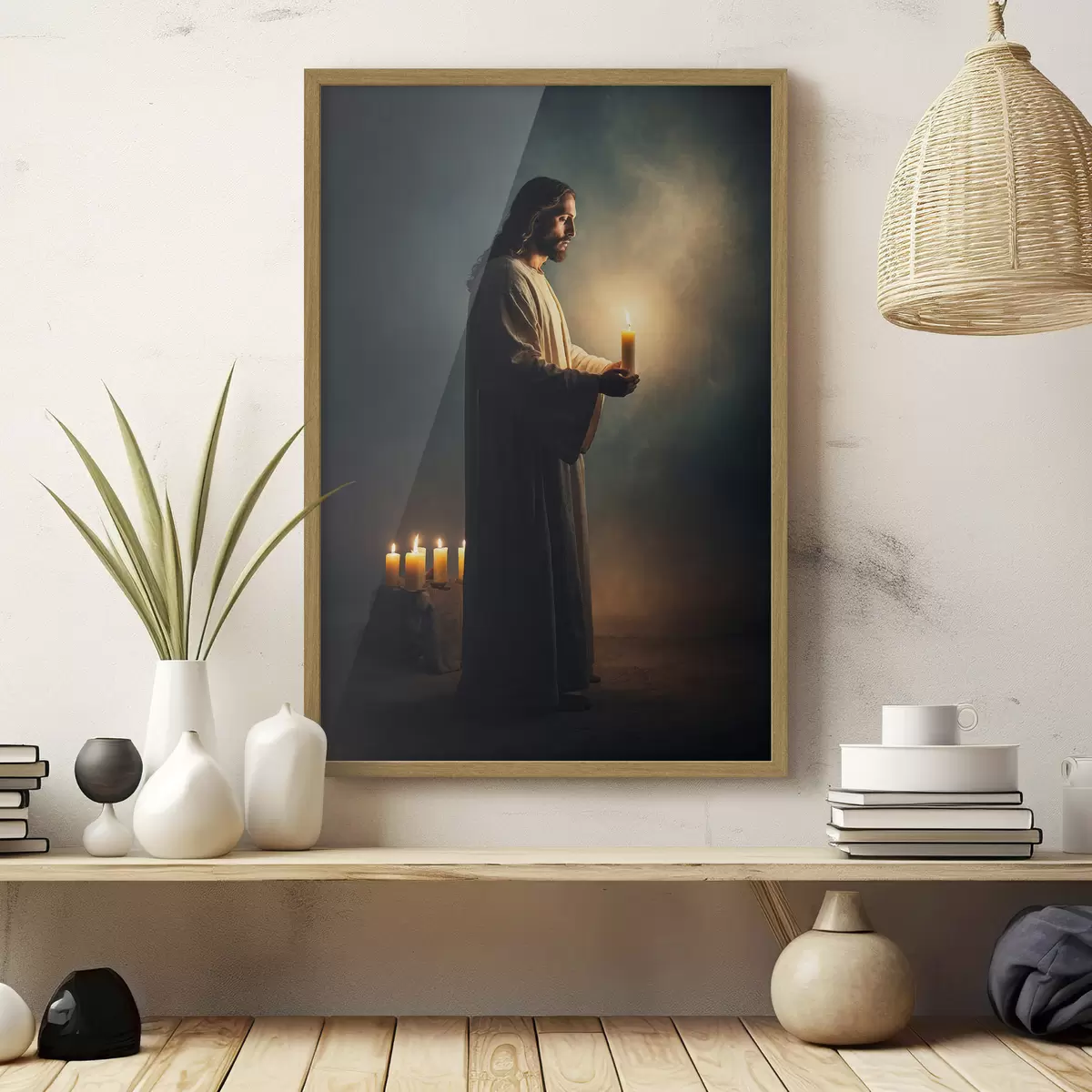 Poster Jesus Christus mit Kerze in der Dunkelheit f41315