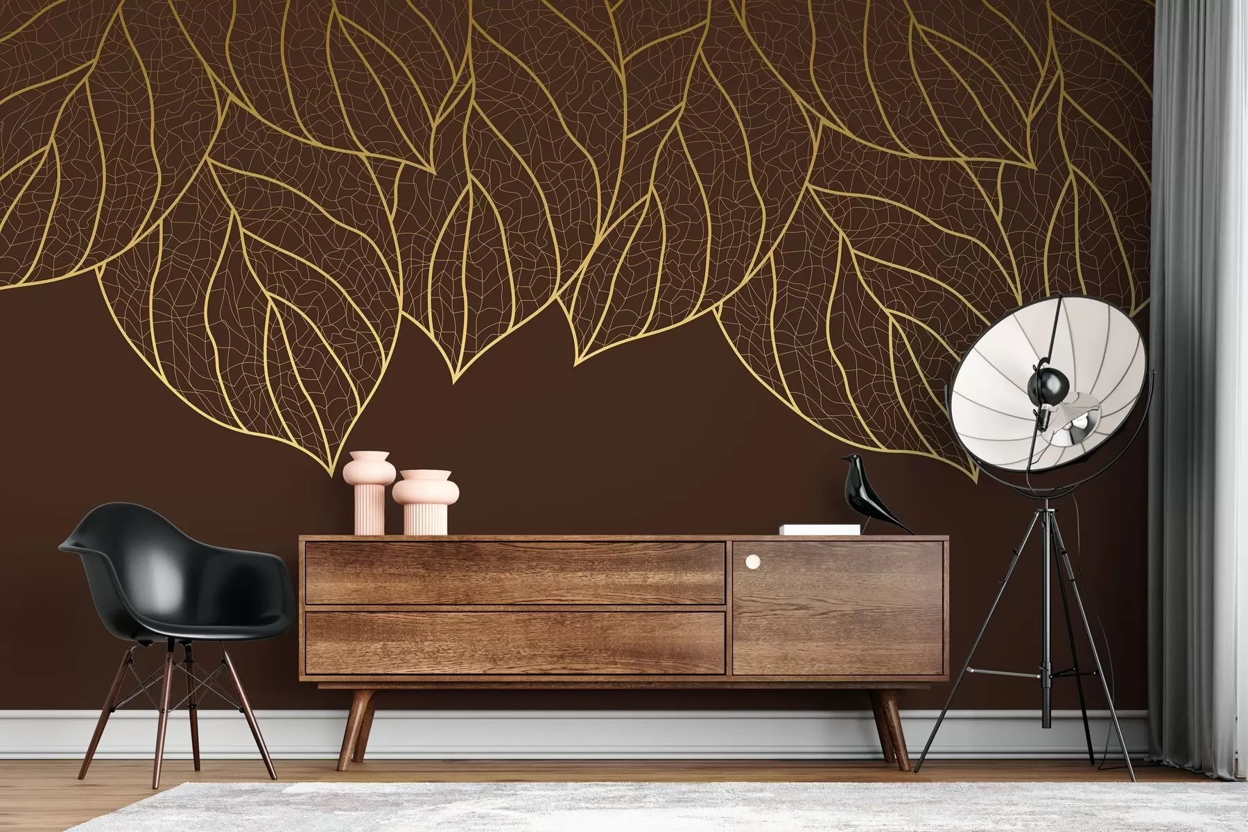 Fototapete Minimalistische Tapete Silhouetten von großen gelben Blättern mit Adern auf einer Schokolade Hintergrund  w01960v2