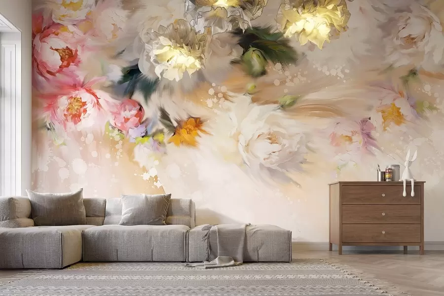 Fototapete Acryl Pfingstrosen, Pinselstriche, floral, weiche pastellige Beigetöne w02021v2