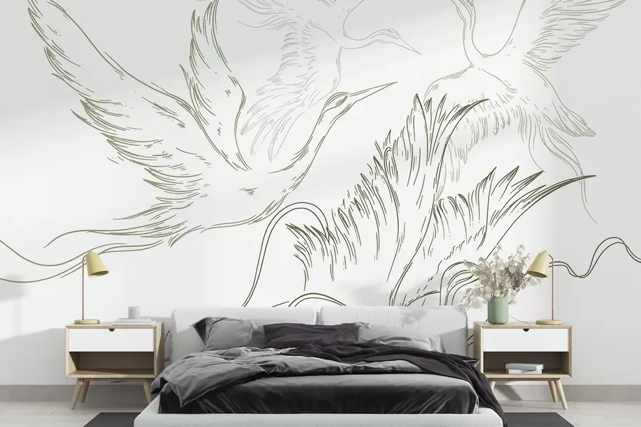 Fototapete Vögel fliegen, Minimalismus, Linienkunst, Natur, grüne Farbe w02061v2