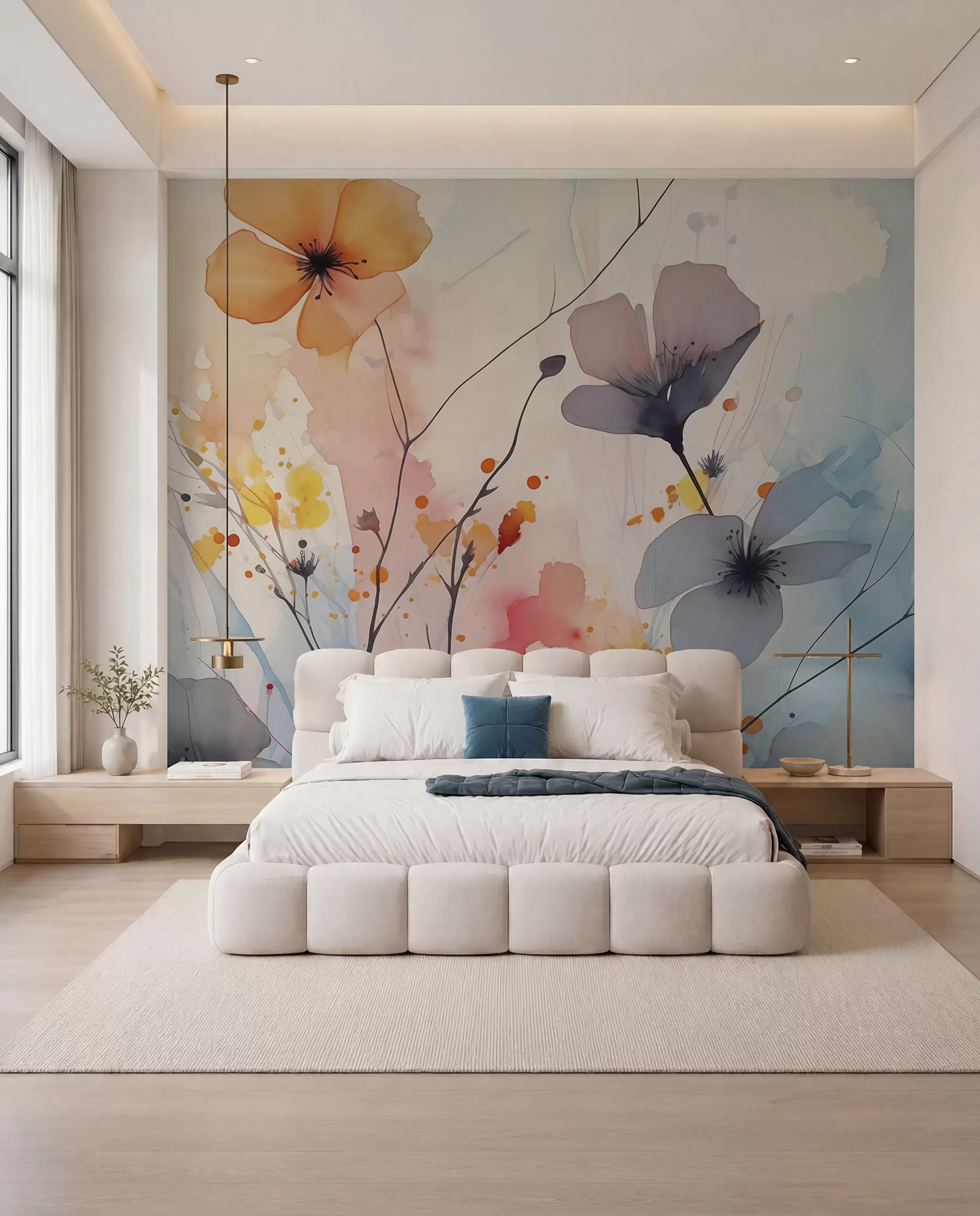 Fototapete Abstrakte helle Blumen und Zweige mit Farbspritzern nasses Aquarell w02049