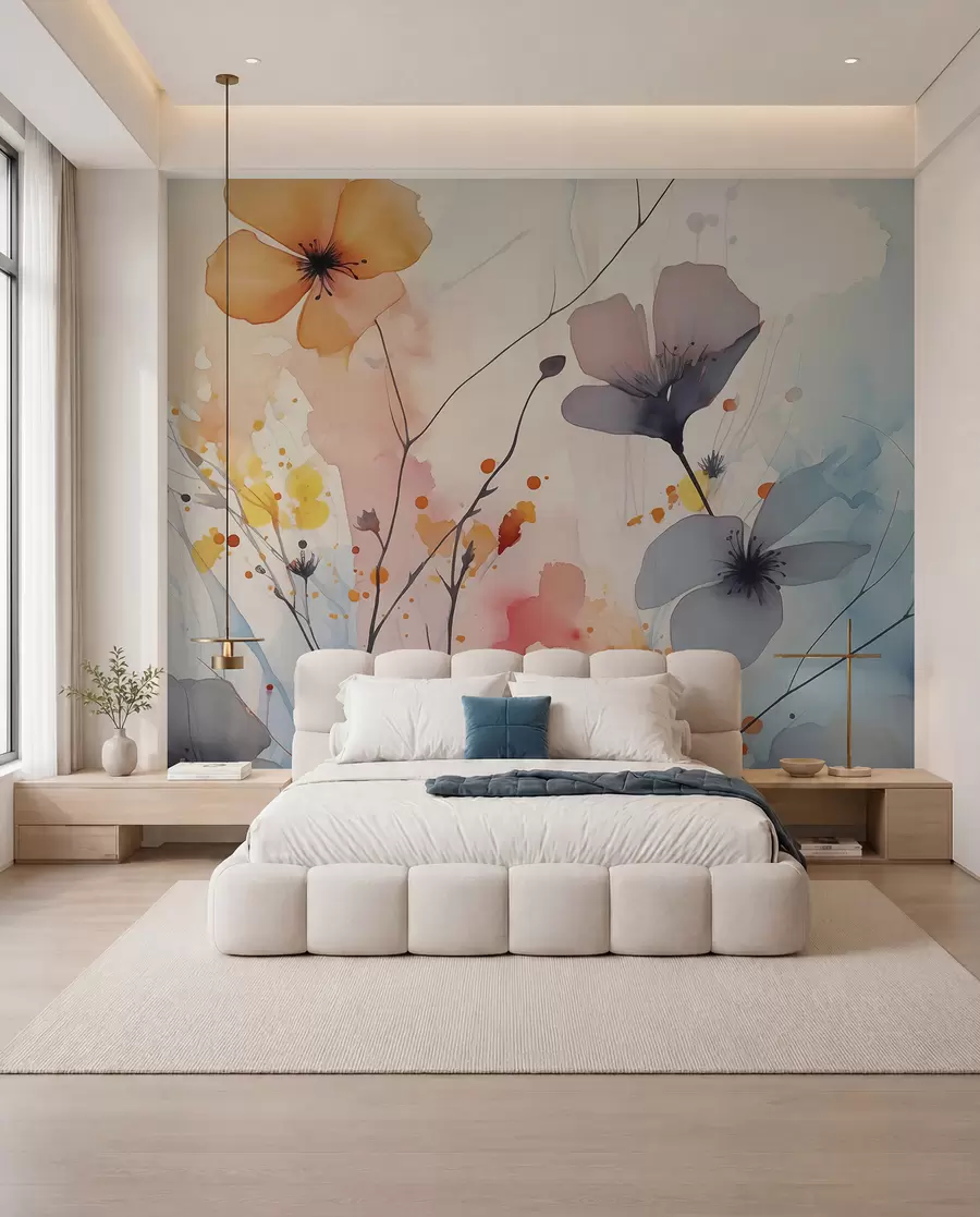 Fototapete Abstrakte helle Blumen und Zweige mit Farbspritzern nasses Aquarell w02049