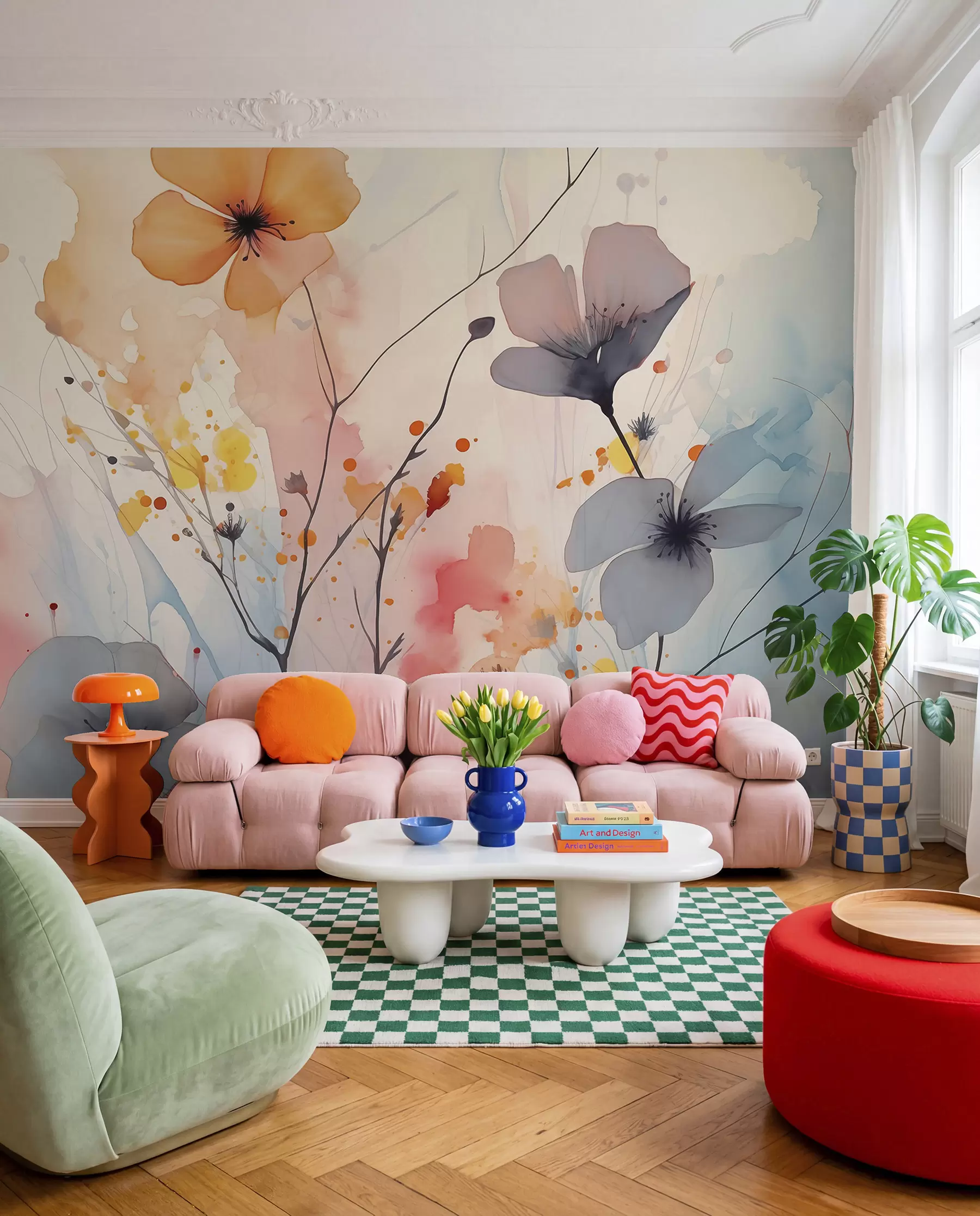 Fototapete Abstrakte helle Blumen und Zweige mit Farbspritzern nasses Aquarell w02049