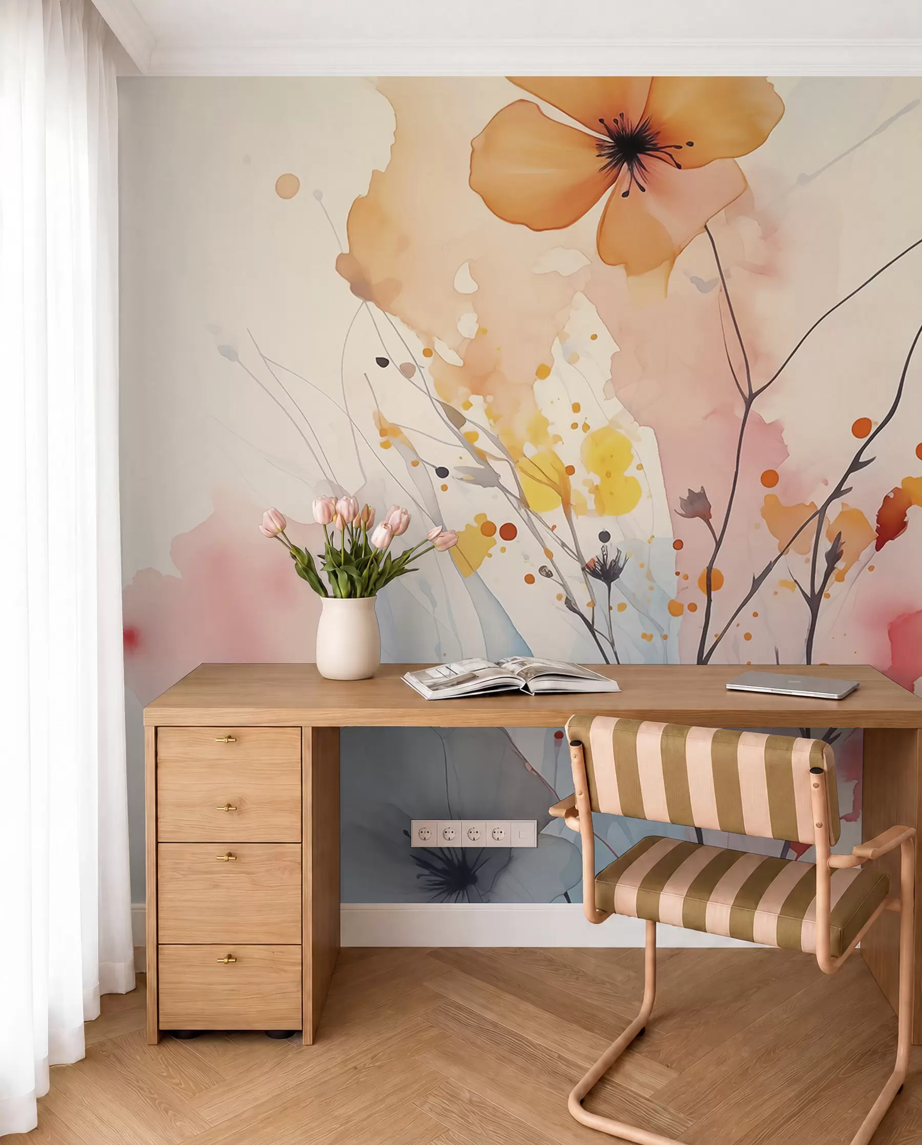 Fototapete Abstrakte helle Blumen und Zweige mit Farbspritzern nasses Aquarell w02049