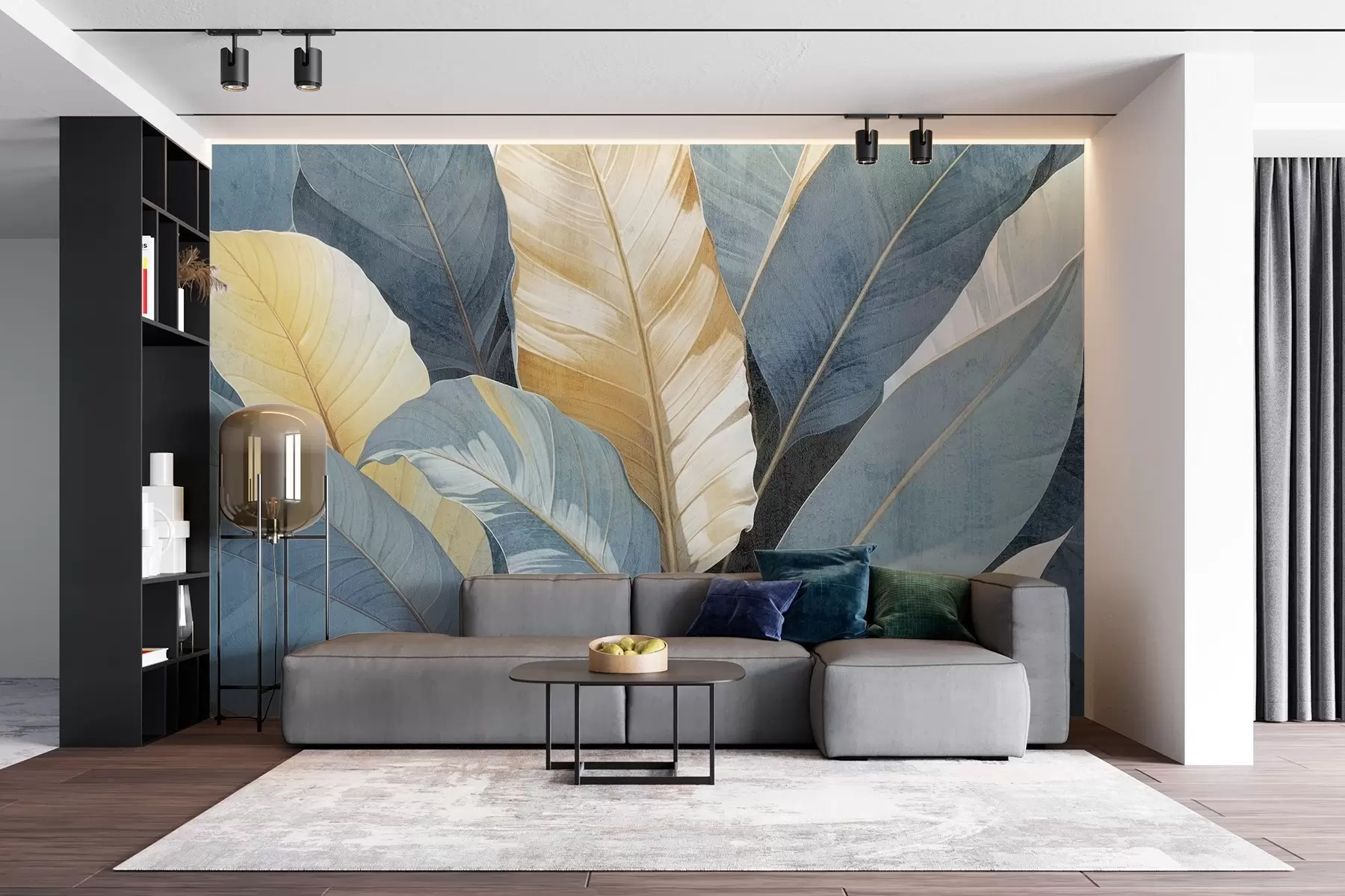 Fototapete Eine Nahaufnahme von großen, üppigen, strukturierten, dekorativen tropischen Blättern in Blau-, Grün- und Gelbtönen w08373