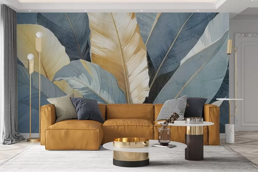 Fototapete Eine Nahaufnahme von großen, üppigen, strukturierten, dekorativen tropischen Blättern in Blau-, Grün- und Gelbtönen w08373