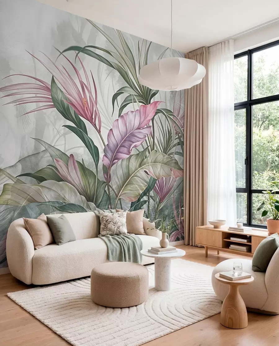 Fototapete Tropischer Dschungel mit großen grünen Blättern und rosa Protea-Blüten mit unscharfem, strukturiertem Hintergrund w08375