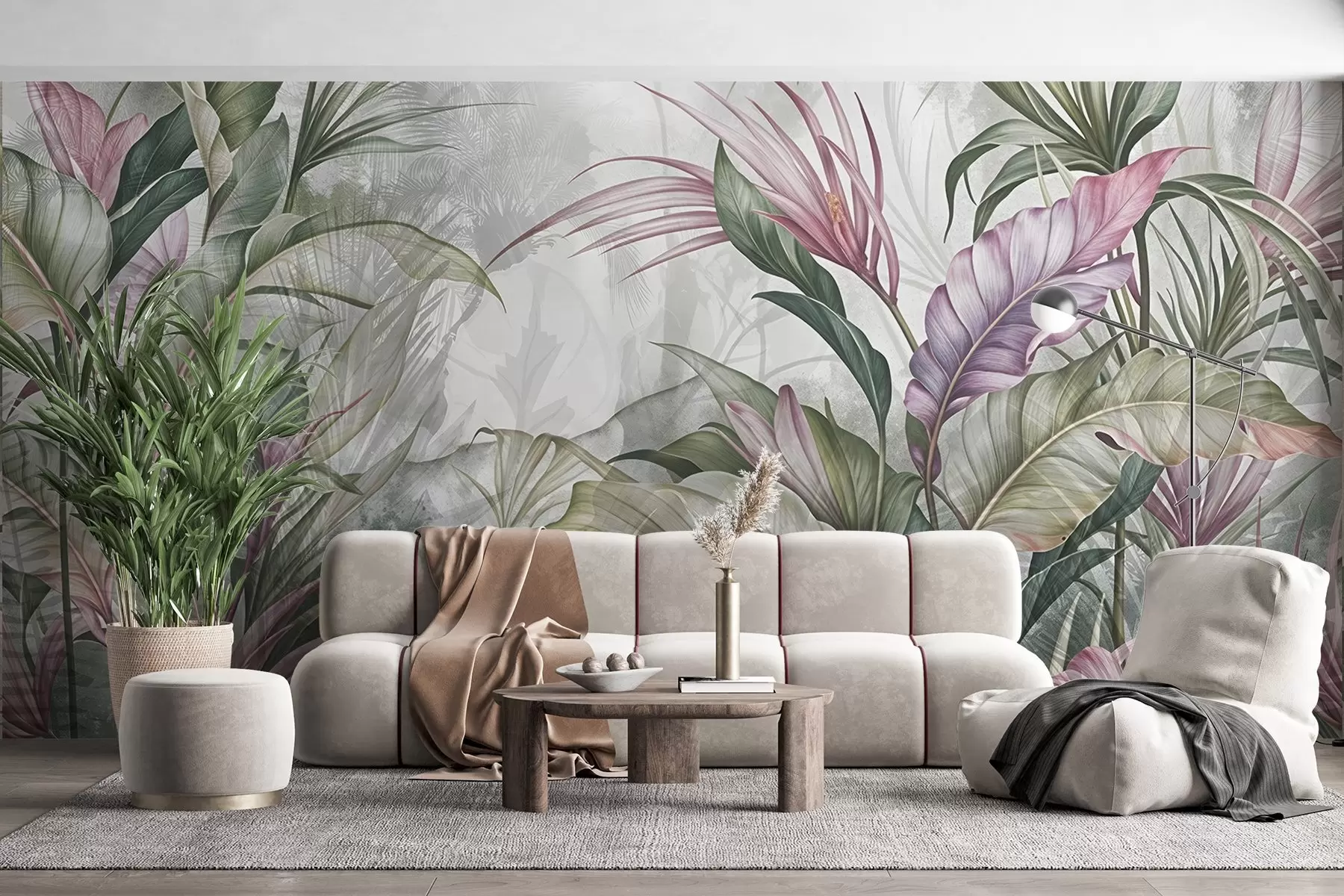 Fototapete Tropischer Dschungel mit großen grünen Blättern und rosa Protea-Blüten mit unscharfem, strukturiertem Hintergrund w08375