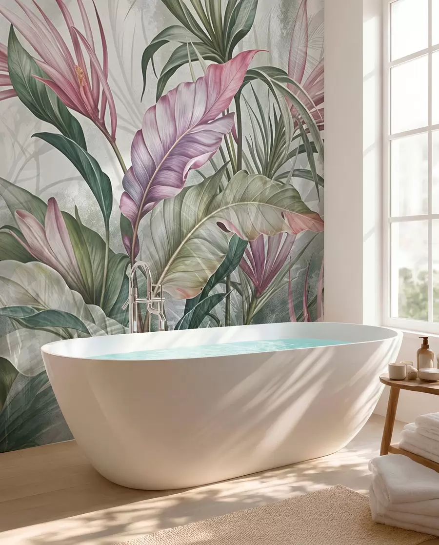 Fototapete Tropischer Dschungel mit großen grünen Blättern und rosa Protea-Blüten mit unscharfem, strukturiertem Hintergrund w08375
