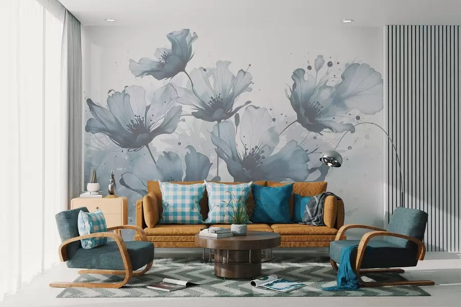 Fototapete Zarte blaue Blumen mit weichen, verschwommenen Blütenblättern und Aquarellspritzern vor einem hellen Hintergrund w08376