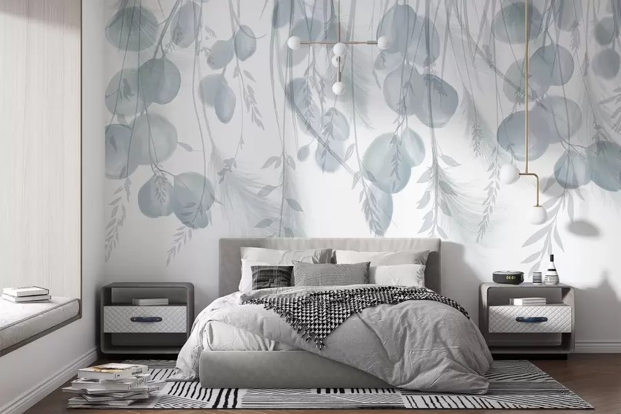 Fototapete Zarte graue und pastellgrüne Eukalyptusblätter fallen und schaffen eine heitere und beruhigende Atmosphäre w08380