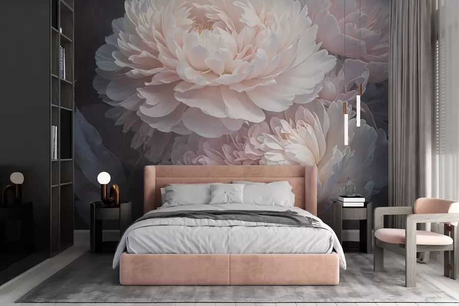 Fototapete Eine Nahaufnahme von zwei großen, zartrosa Pfingstrosen mit weichen, flauschigen Blütenblättern und Blättern vor einem unscharfen Hintergrund w08382