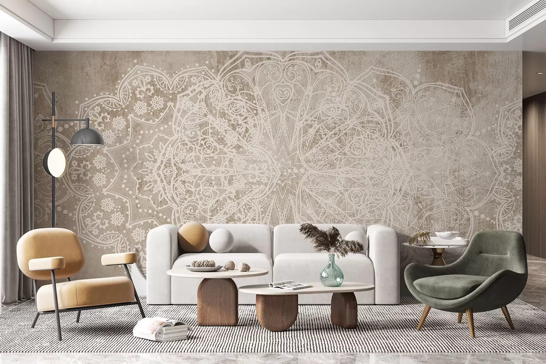 Fototapete Ein detailliertes, kompliziertes weißes Spitzenmandala-Muster auf einem strukturierten beige-braunen Loft-Wandhintergrund w08387v1