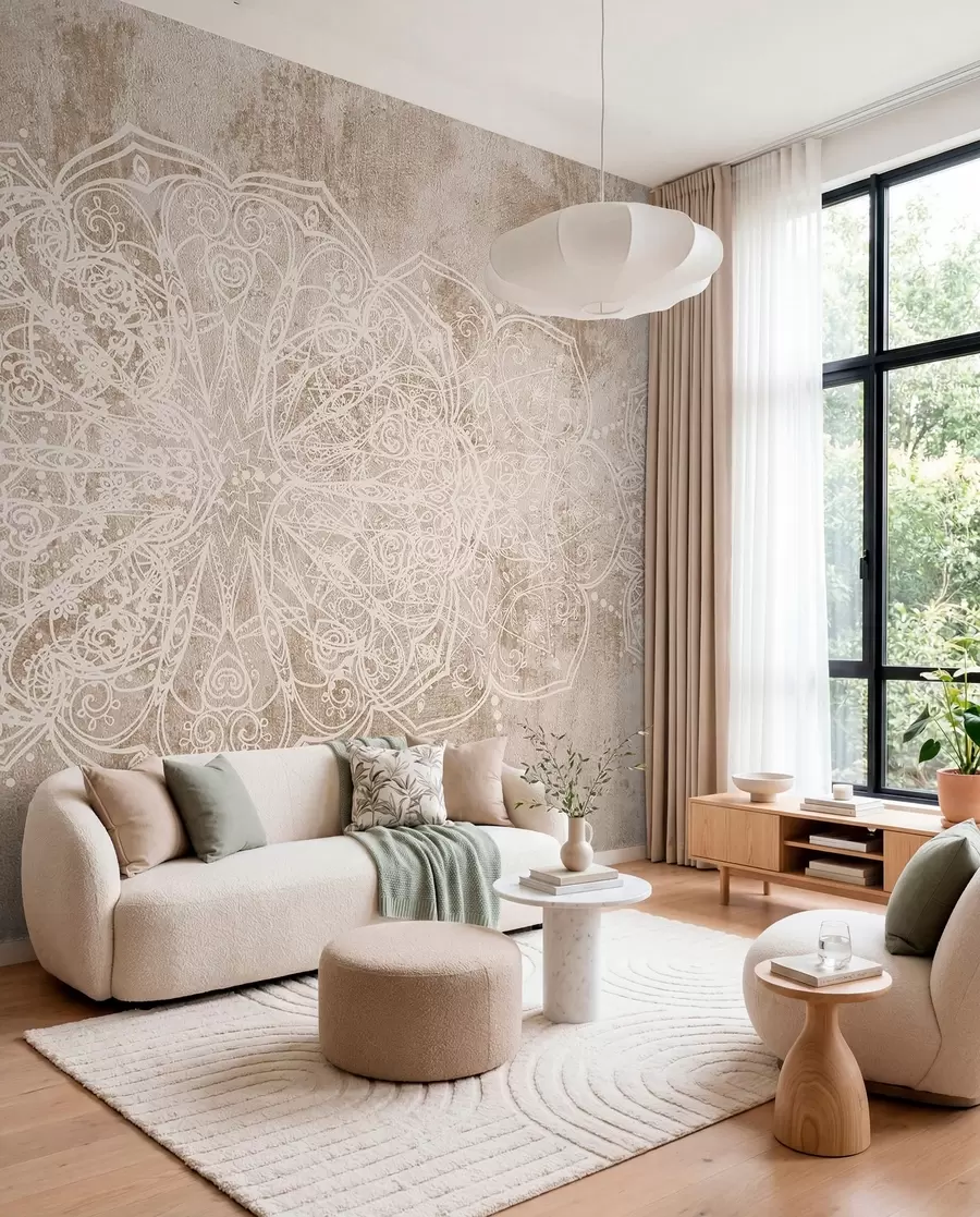 Fototapete Ein detailliertes, kompliziertes weißes Spitzenmandala-Muster auf einem strukturierten beige-braunen Loft-Wandhintergrund w08387v1