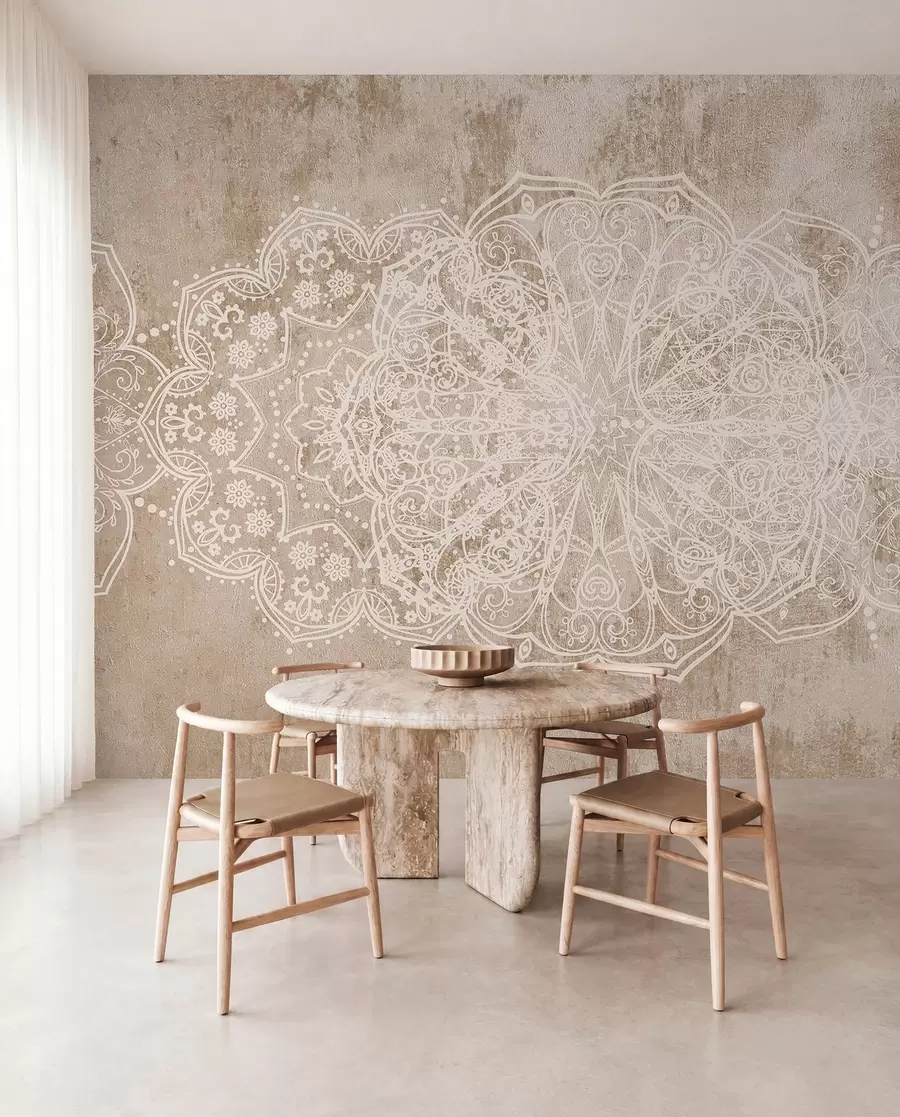Fototapete Ein detailliertes, kompliziertes weißes Spitzenmandala-Muster auf einem strukturierten beige-braunen Loft-Wandhintergrund w08387v1