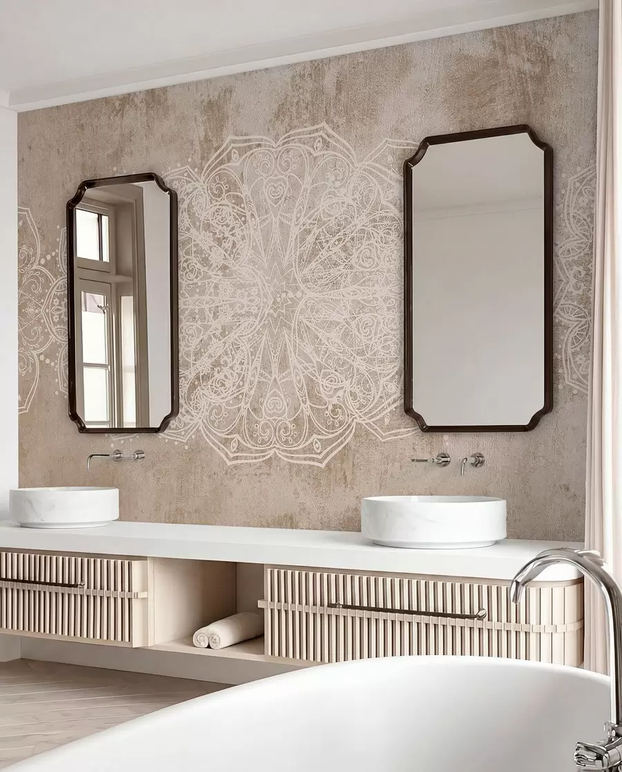 Fototapete Ein detailliertes, kompliziertes weißes Spitzenmandala-Muster auf einem strukturierten beige-braunen Loft-Wandhintergrund w08387v1