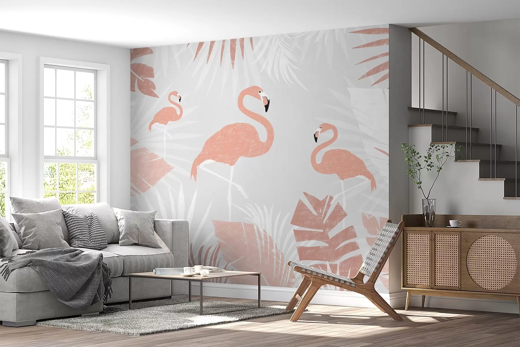 Fototapete Flamingos zwischen tropischen Blättern Design w00791