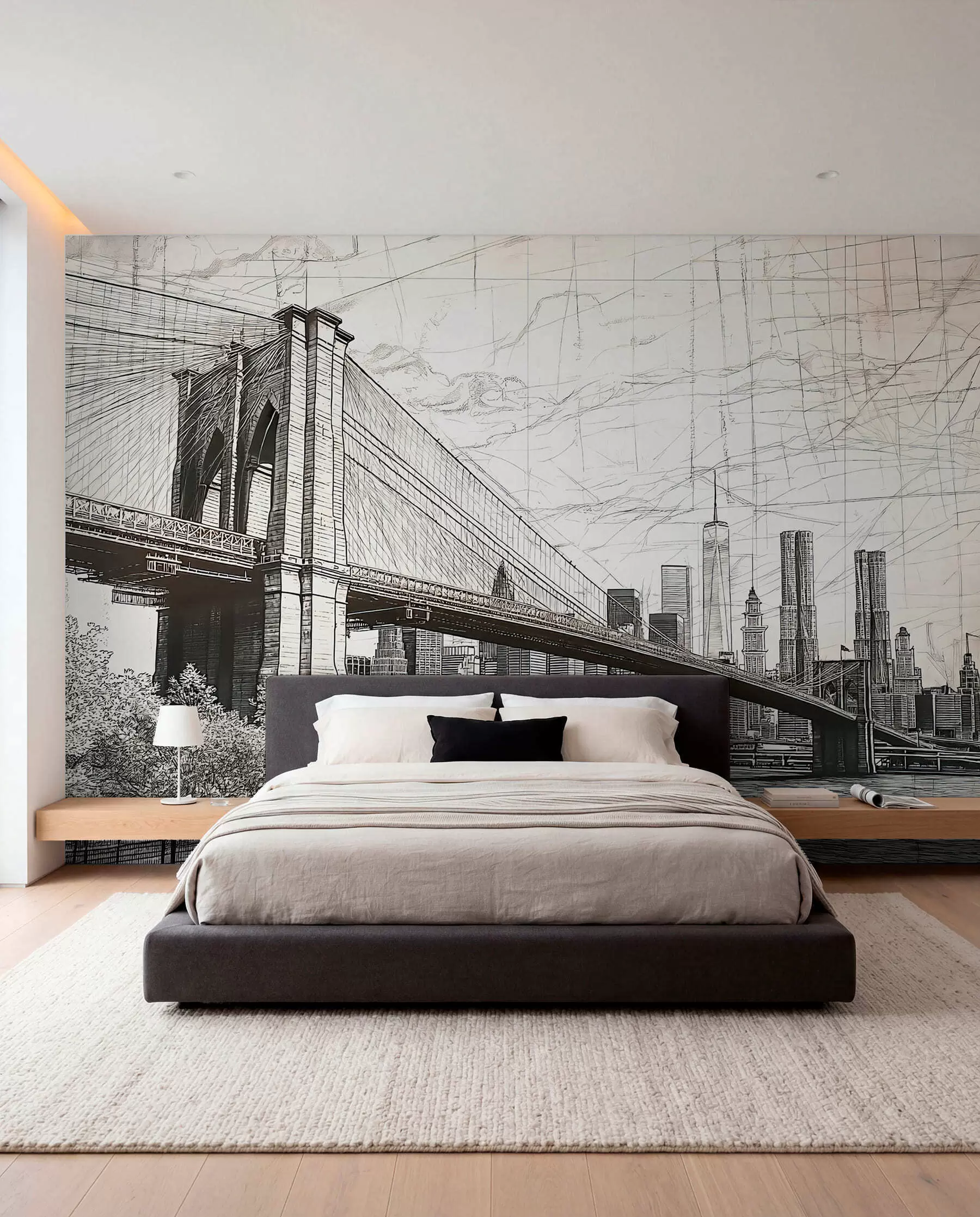 Fototapete Panorama der Brooklyn Bridge in einer skizzenhaften Retrotechnik mit Linien und Kratzern w01961