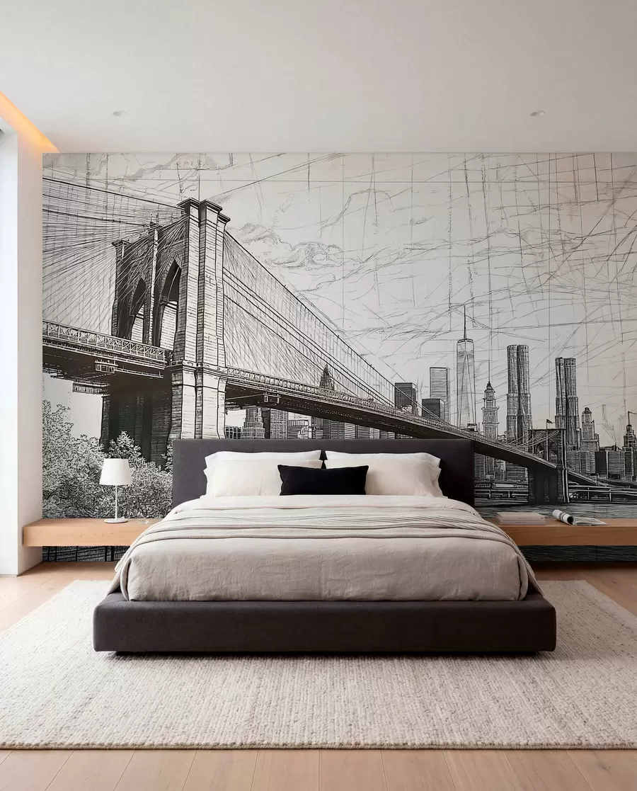 Fototapete Panorama der Brooklyn Bridge in einer skizzenhaften Retrotechnik mit Linien und Kratzern w01961