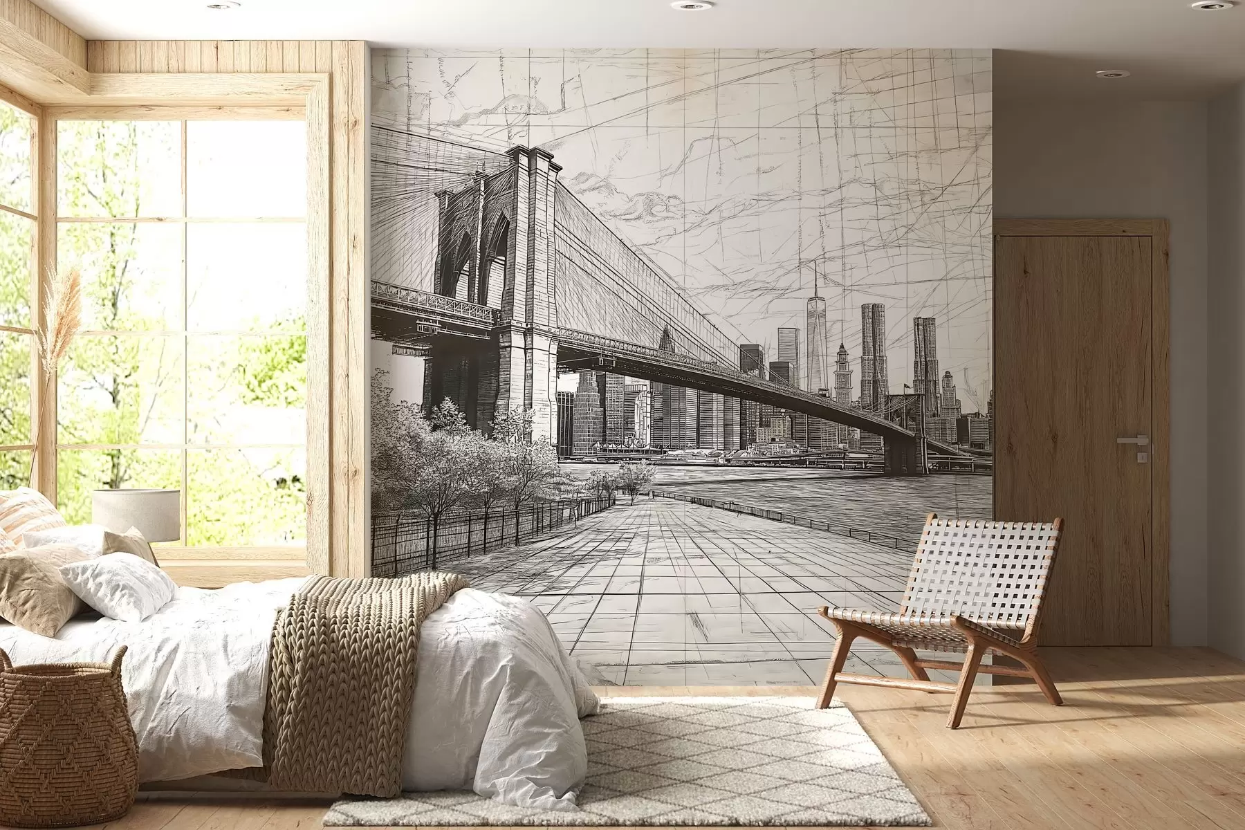 Fototapete Panorama der Brooklyn Bridge in einer skizzenhaften Retrotechnik mit Linien und Kratzern w01961