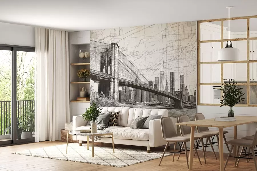 Fototapete Panorama der Brooklyn Bridge in einer skizzenhaften Retrotechnik mit Linien und Kratzern w01961