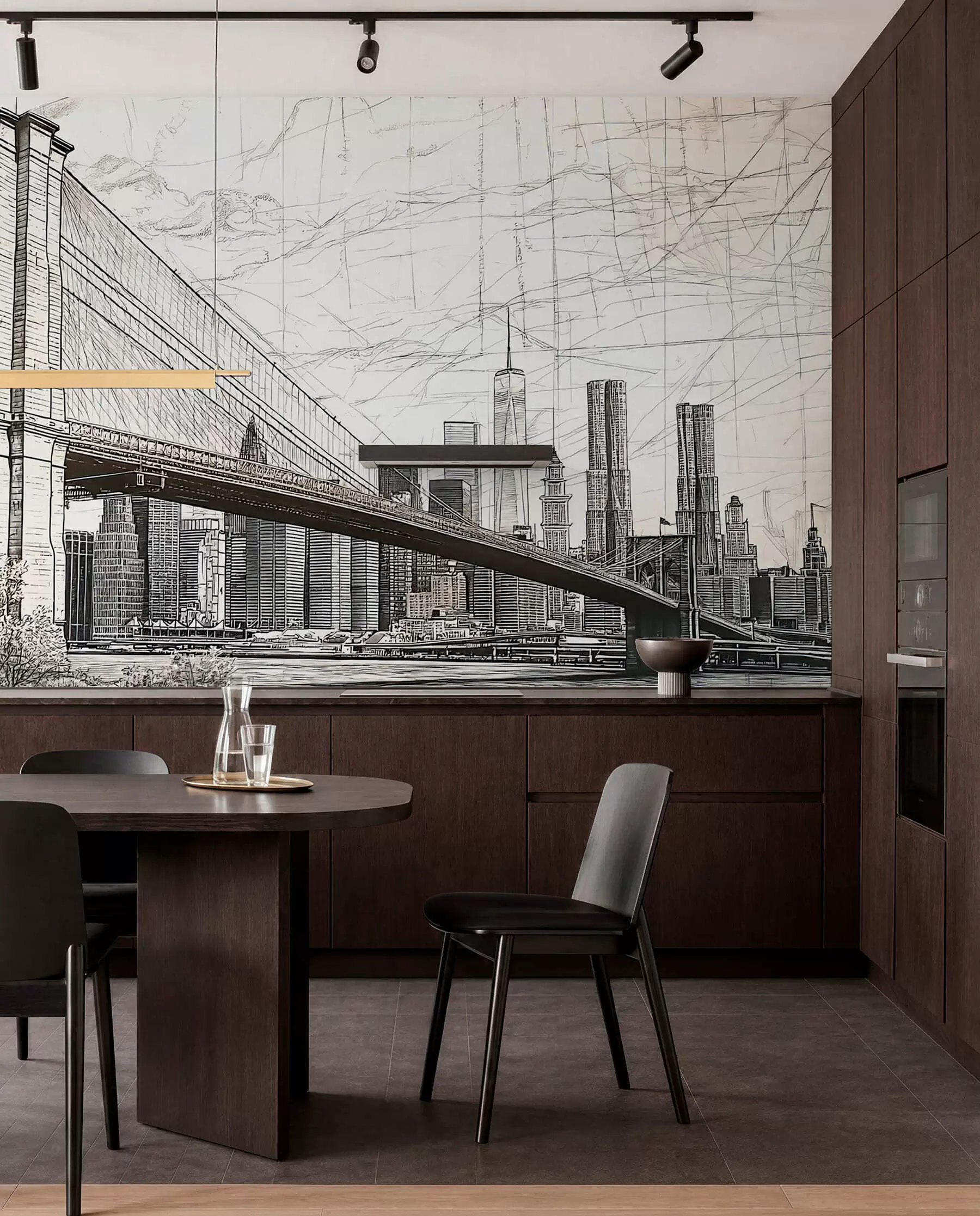Fototapete Panorama der Brooklyn Bridge in einer skizzenhaften Retrotechnik mit Linien und Kratzern w01961